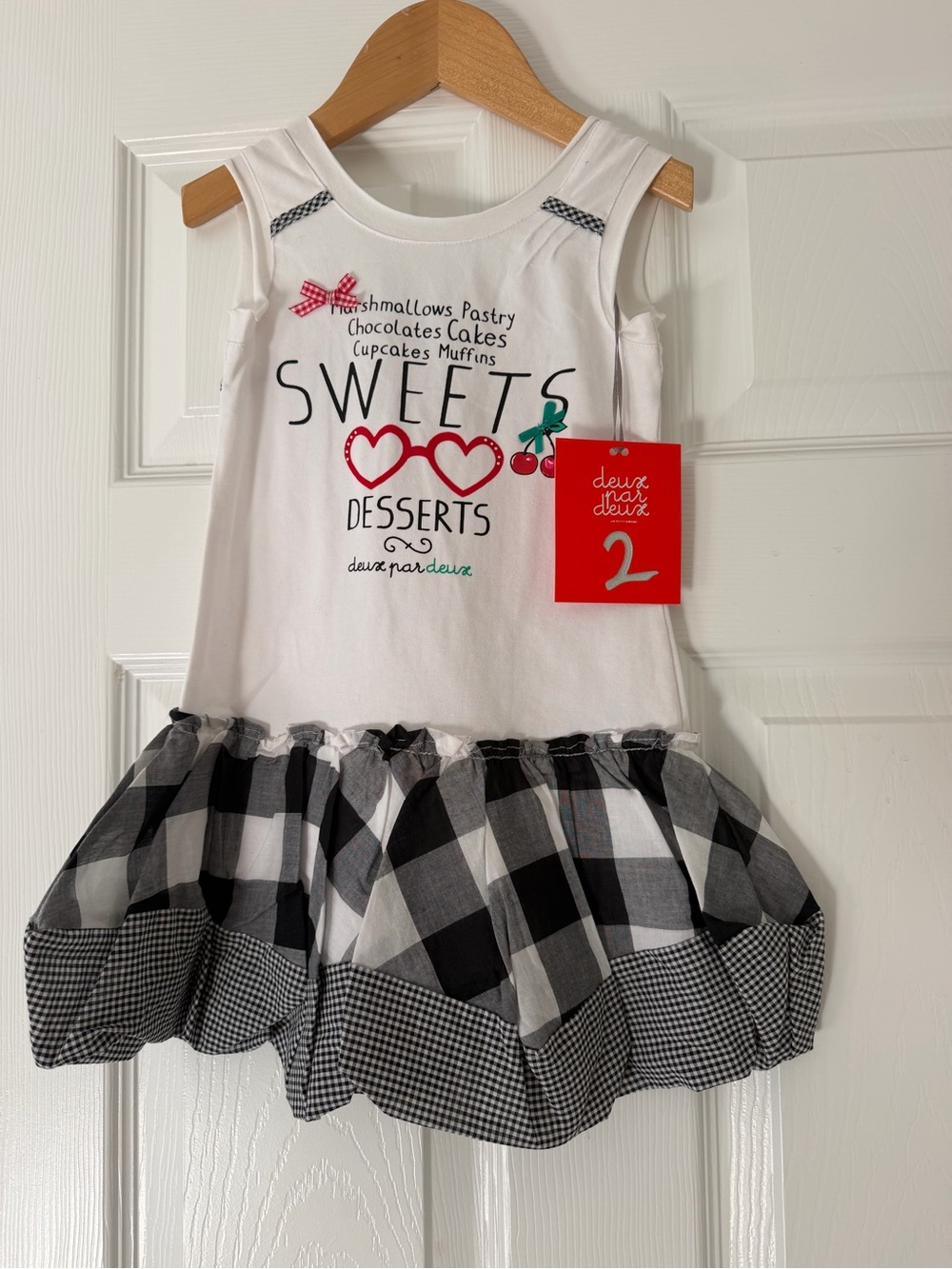 deux par deux White Dress with Black Check Skirt and Red Graphic